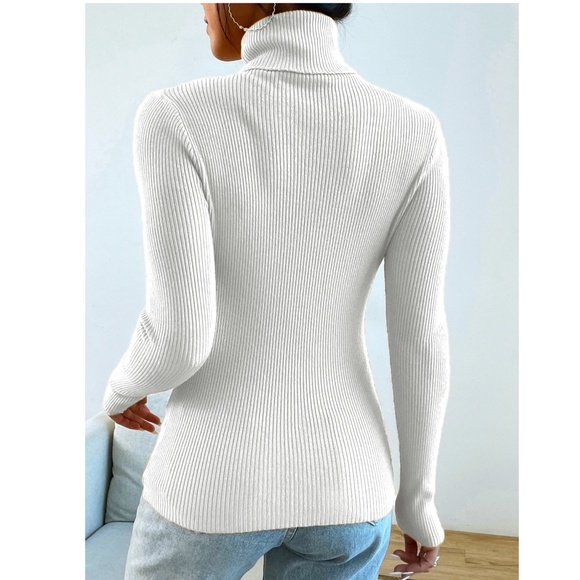 White Rib Knit Turtleneck Sweater Top Long Sleeve - Picture 2 of 8